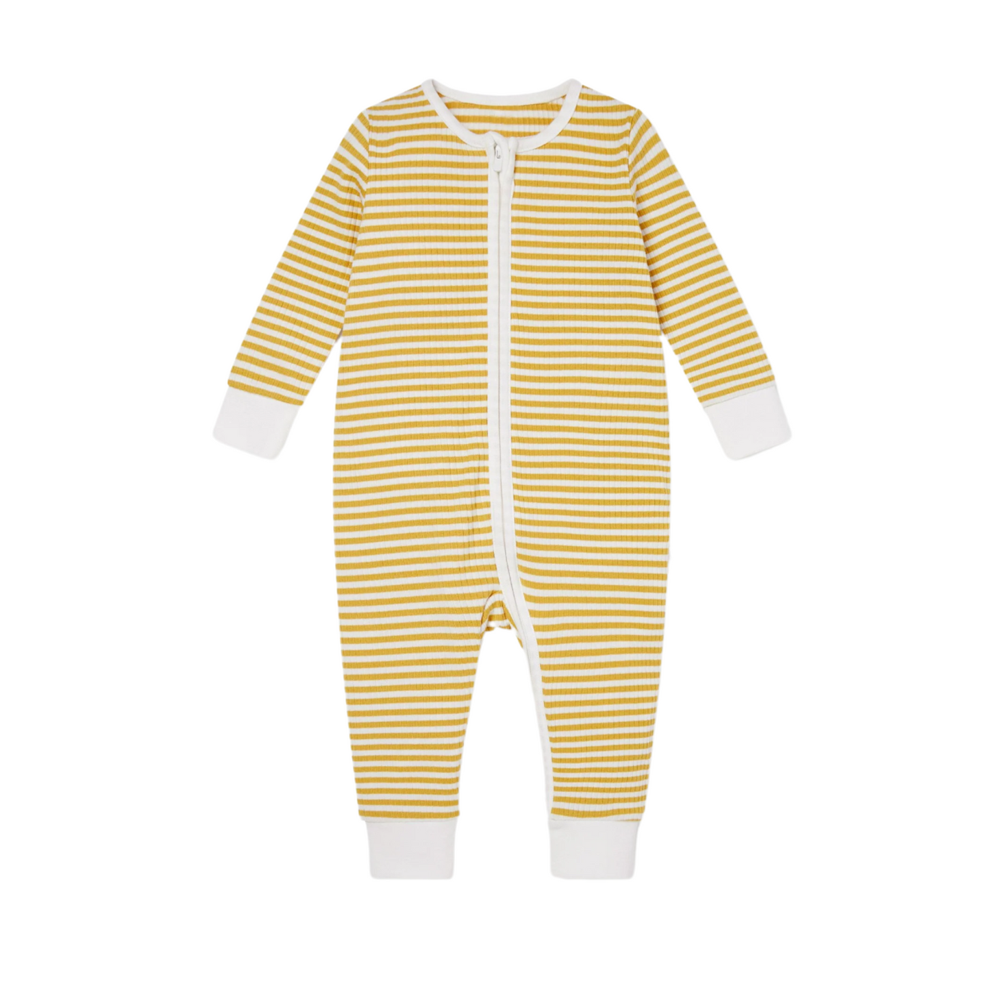 Ribbed double zip sleepsuit - mustard stripe