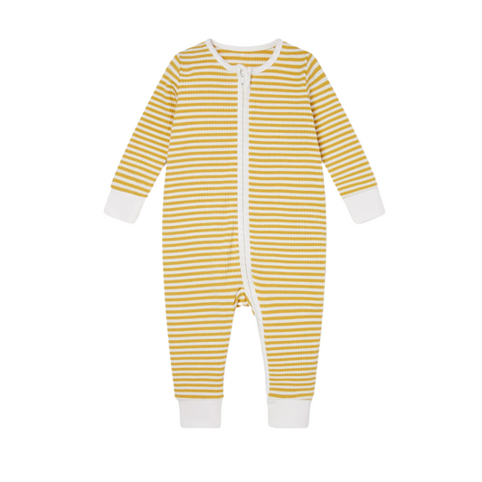 Ribbed double zip sleepsuit - mustard stripe