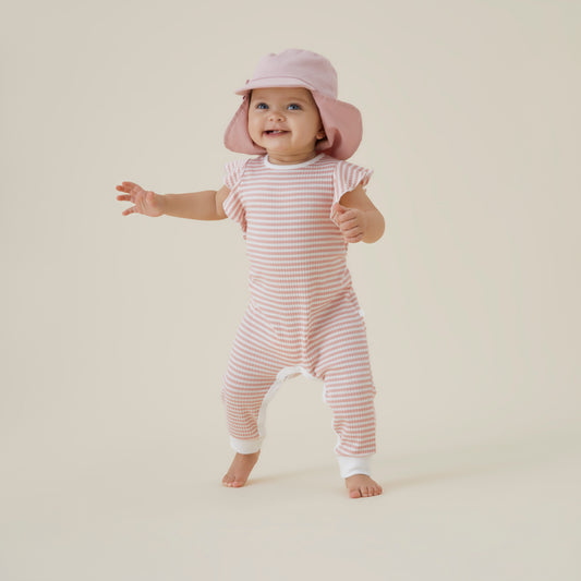 Pink stripe ribbed frill jumpsuit
