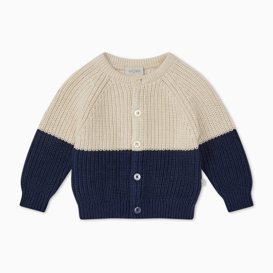 Chunky knit colourblock cardigan - oat and navy - Borro - rent baby kids clothes