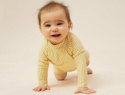 Seersucker mustard stripe rash swim vest - Borro - rent baby kids clothes