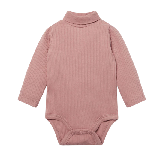 Ribbed roll neck long sleeve bodysuit - rose