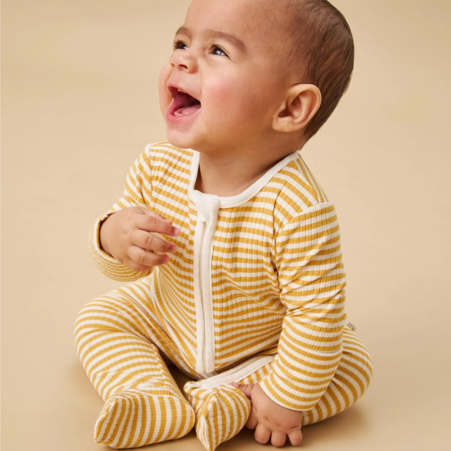 Ribbed double zip sleepsuit - mustard stripe