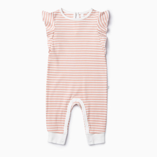 Pink stripe ribbed frill jumpsuit