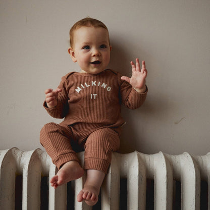 Milking it onesie - clay - Borro - rent baby kids clothes