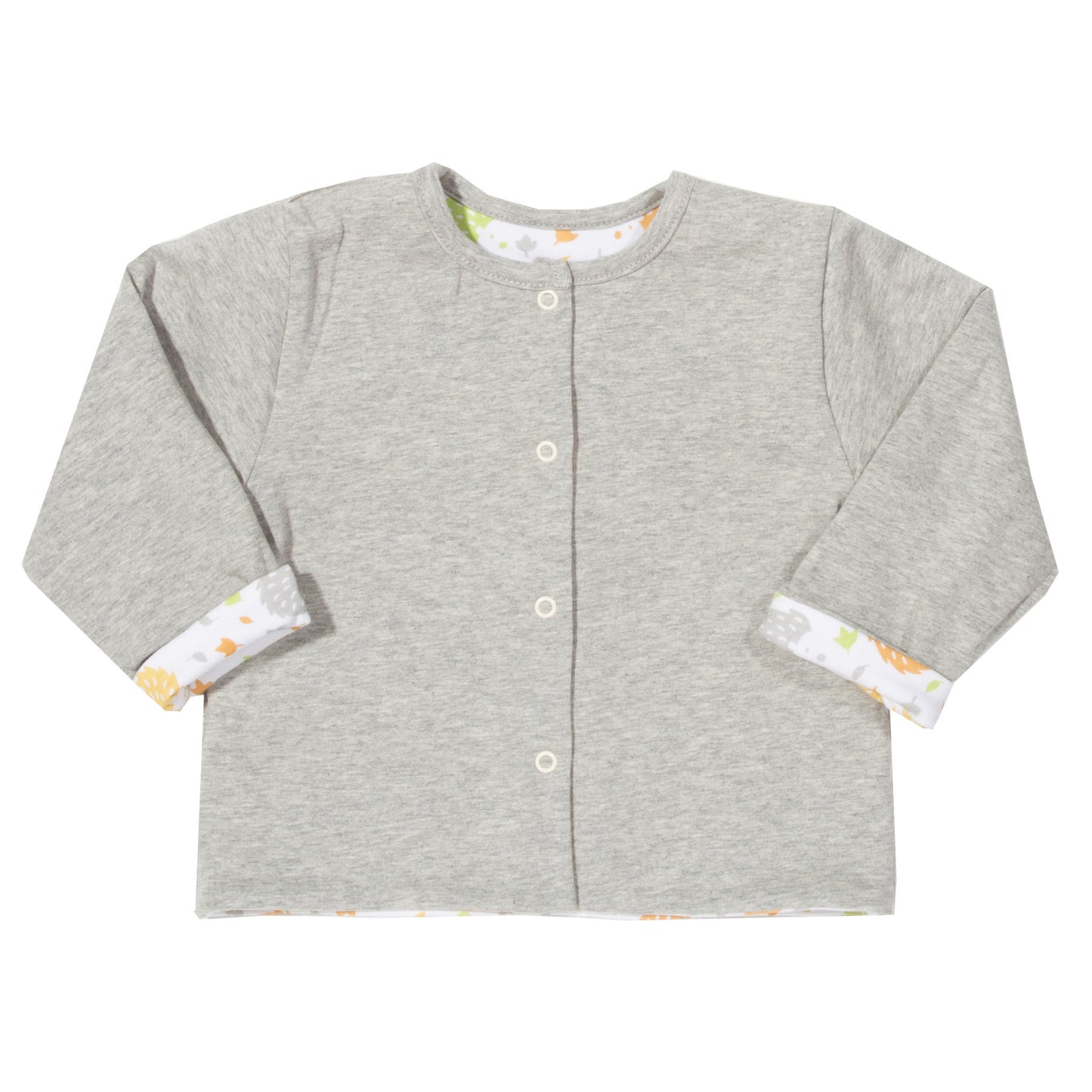 Grey jacket with inside print of orange and green hedgehogs