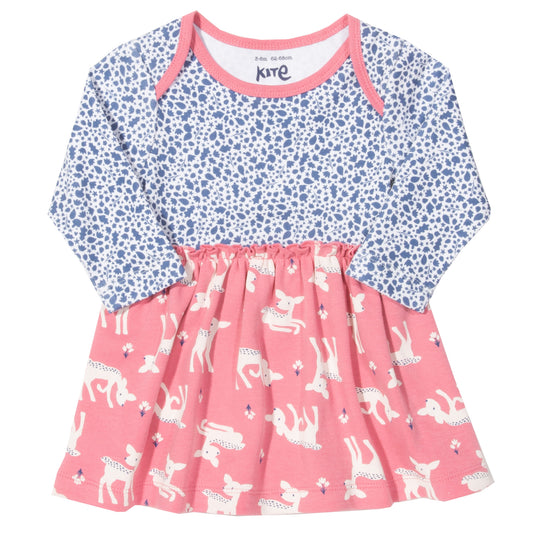 Dress with blue and white leafy print on top and pink deers on skirt