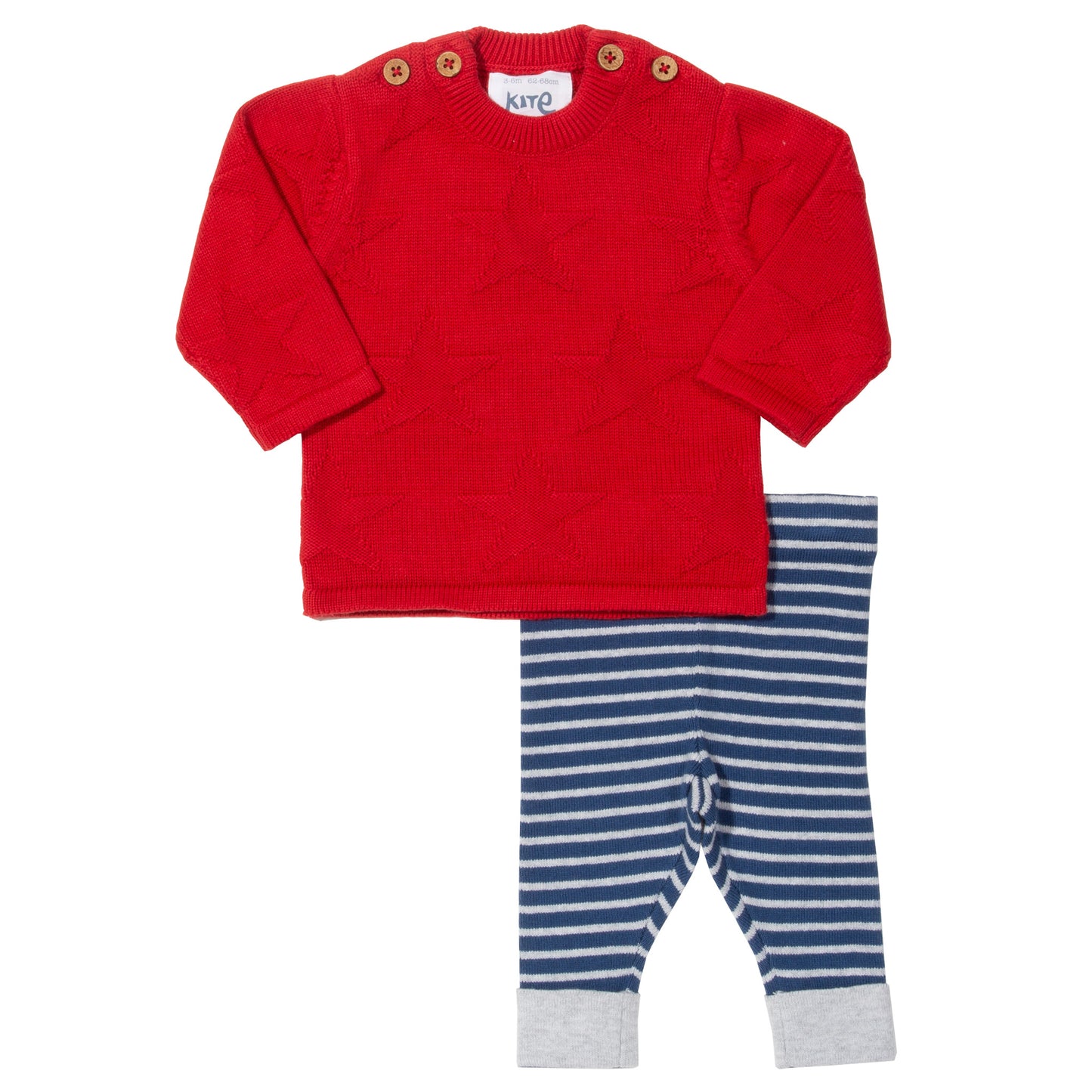 Red jumper with blue and white stripe bottoms