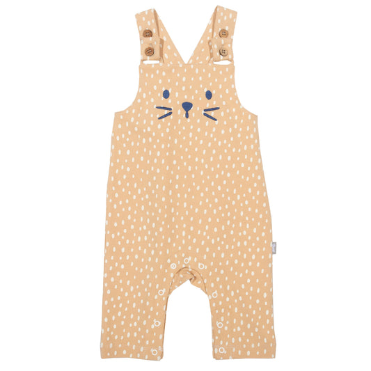 Brown spot dungarees with cat embroidery