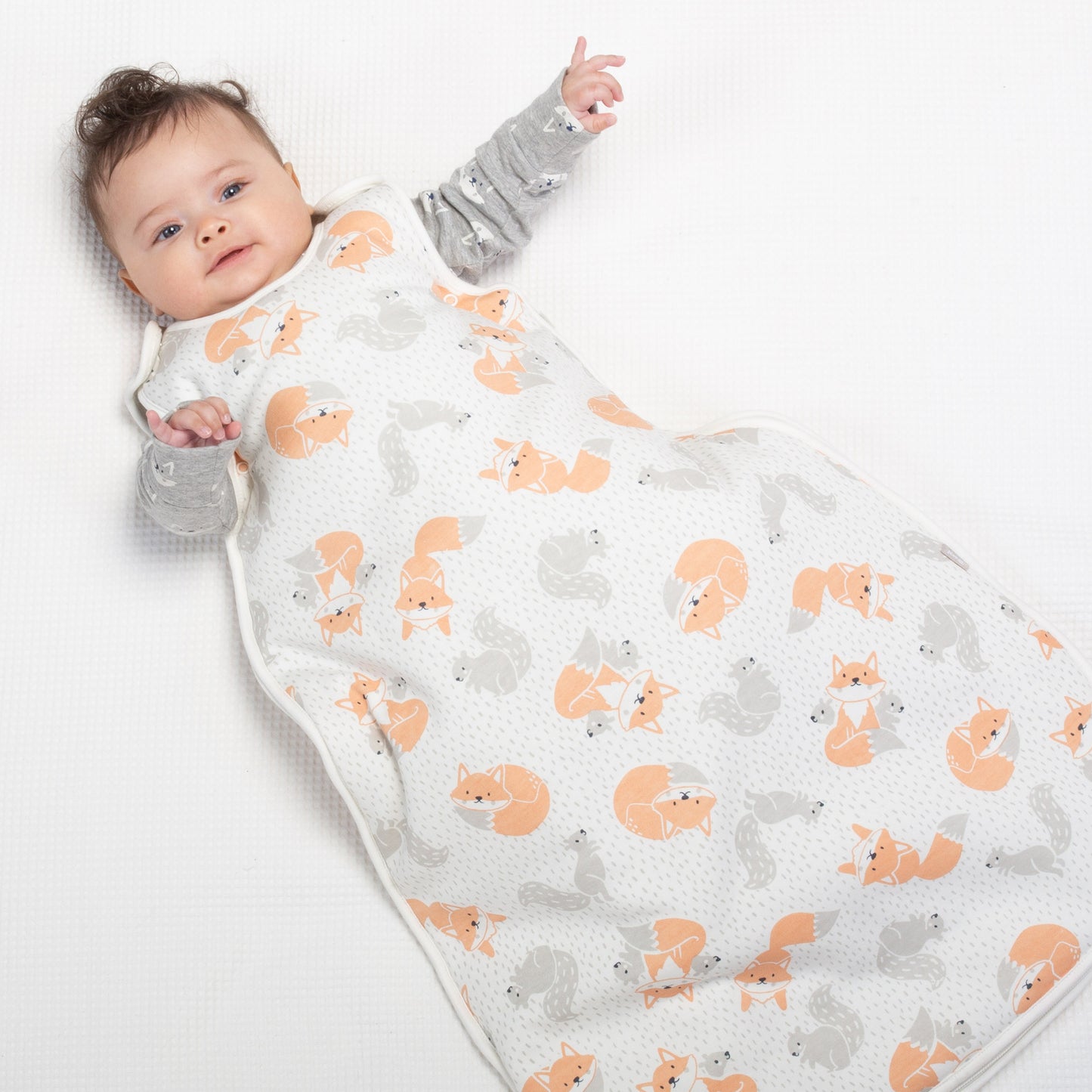 Baby in fox and squirrel sleep bag