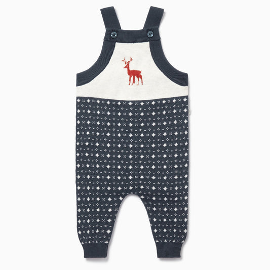 Knitted baby reindeer dungarees front