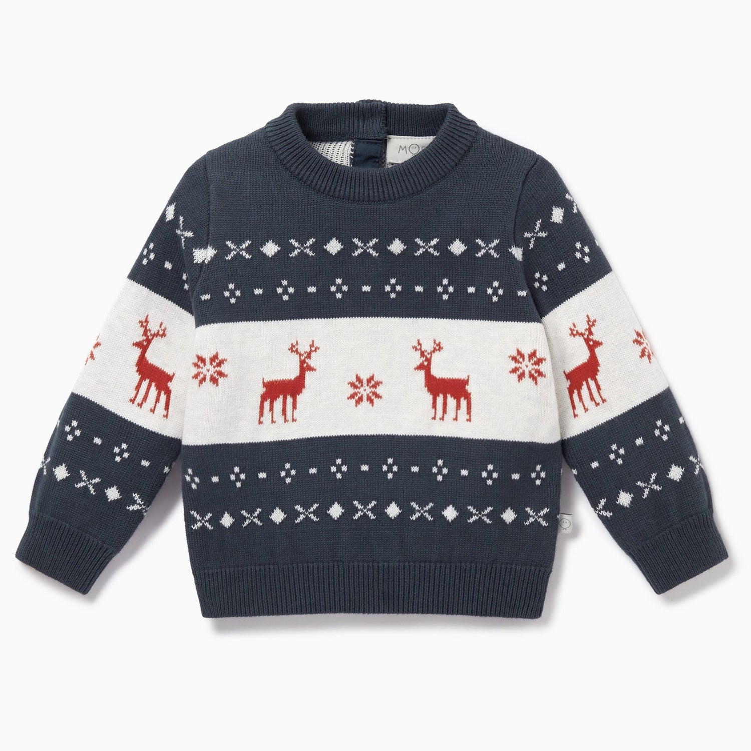 Knitted baby reindeer jumper front