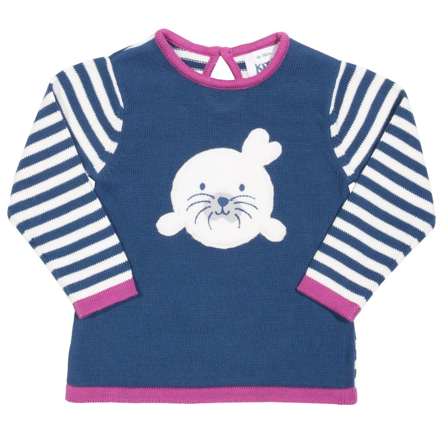 Knitted blue jumper with seal and stripy sleeves