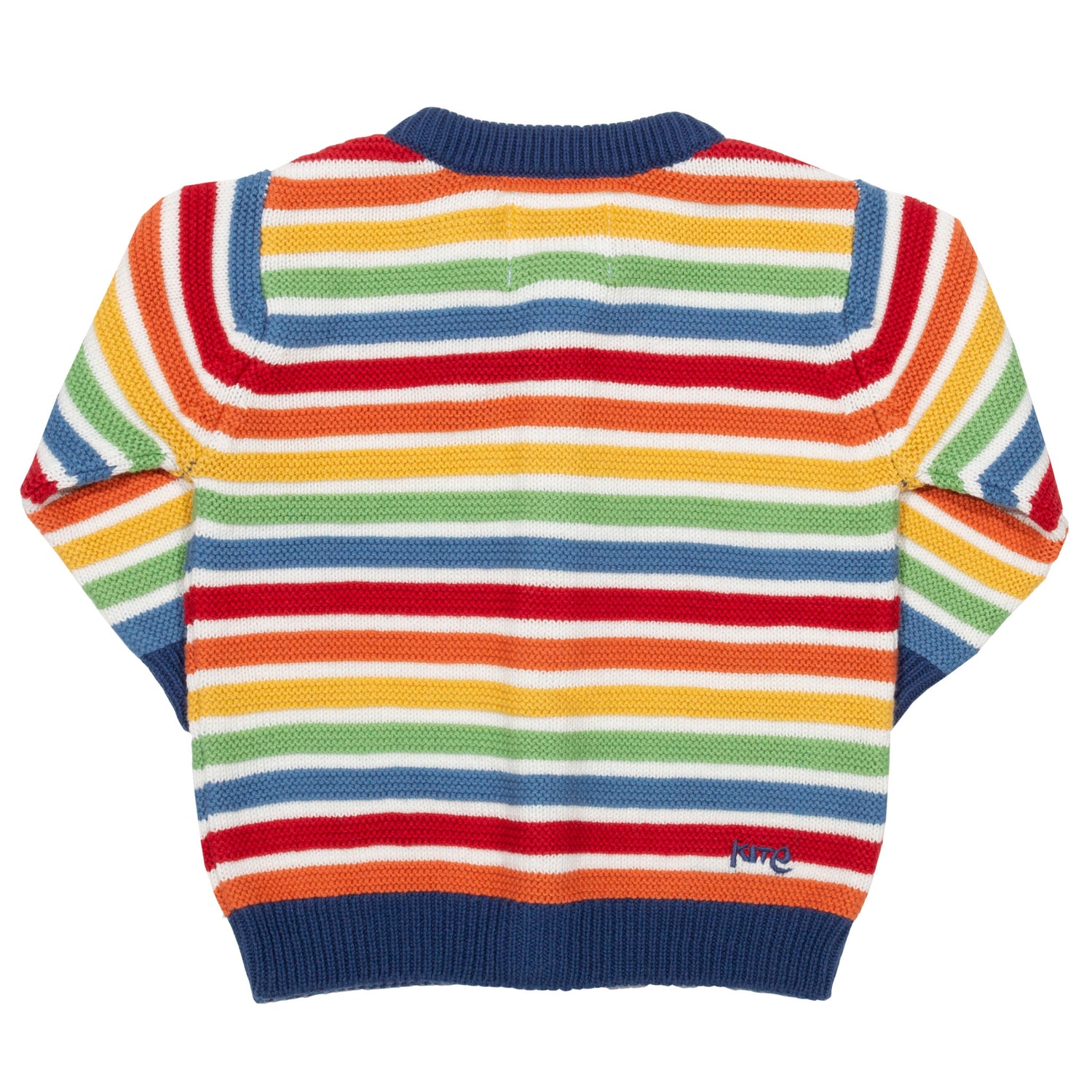 Back of rainbow knit baby cardigan