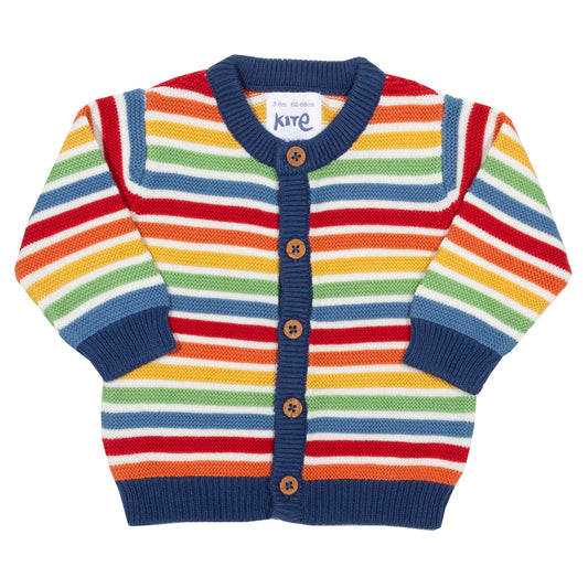 Front of rainbow knit baby cardigan