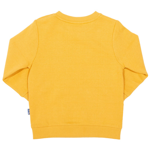 Back of yellow puffling baby sweatshirt
