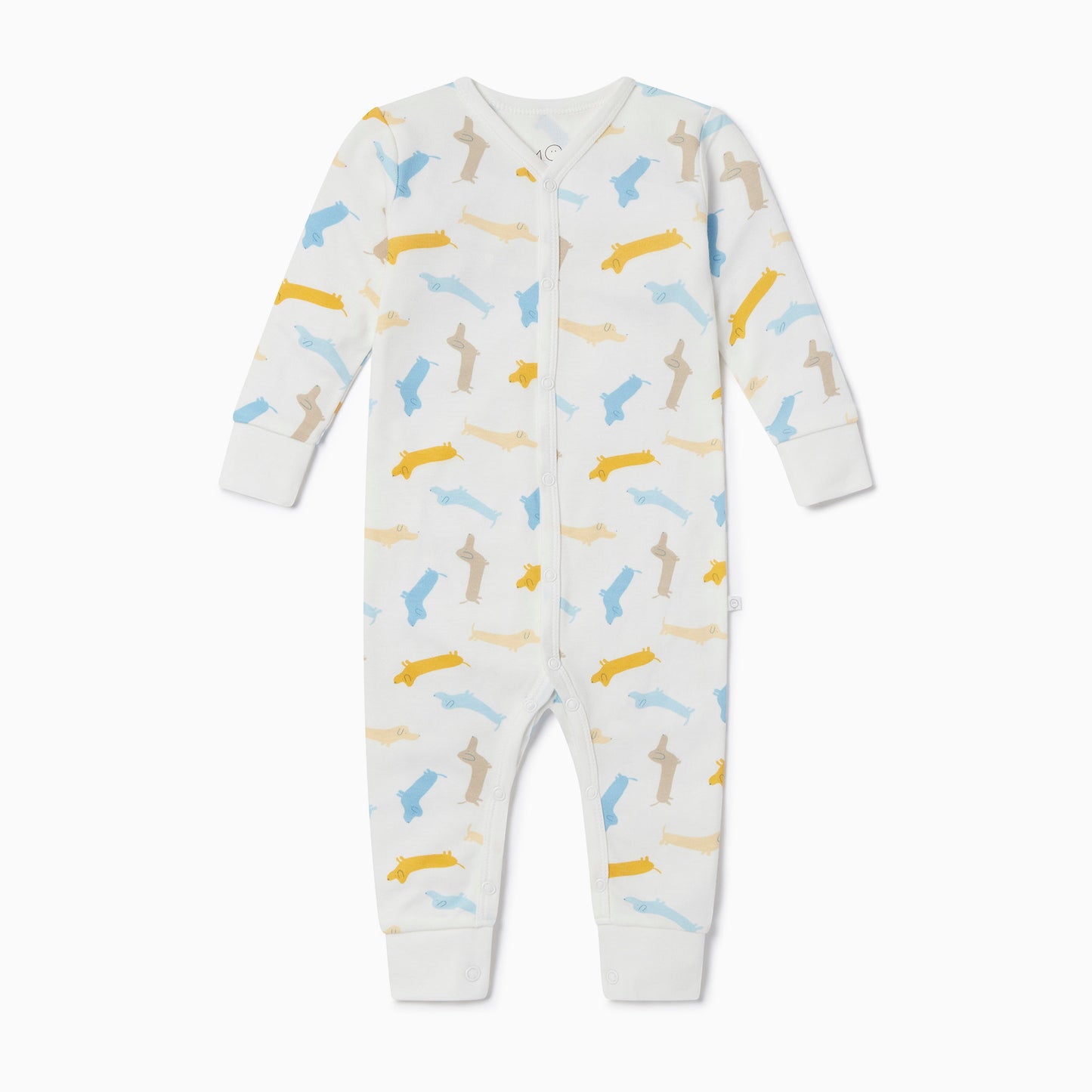 Front opening sleepsuit with pup print and no feet