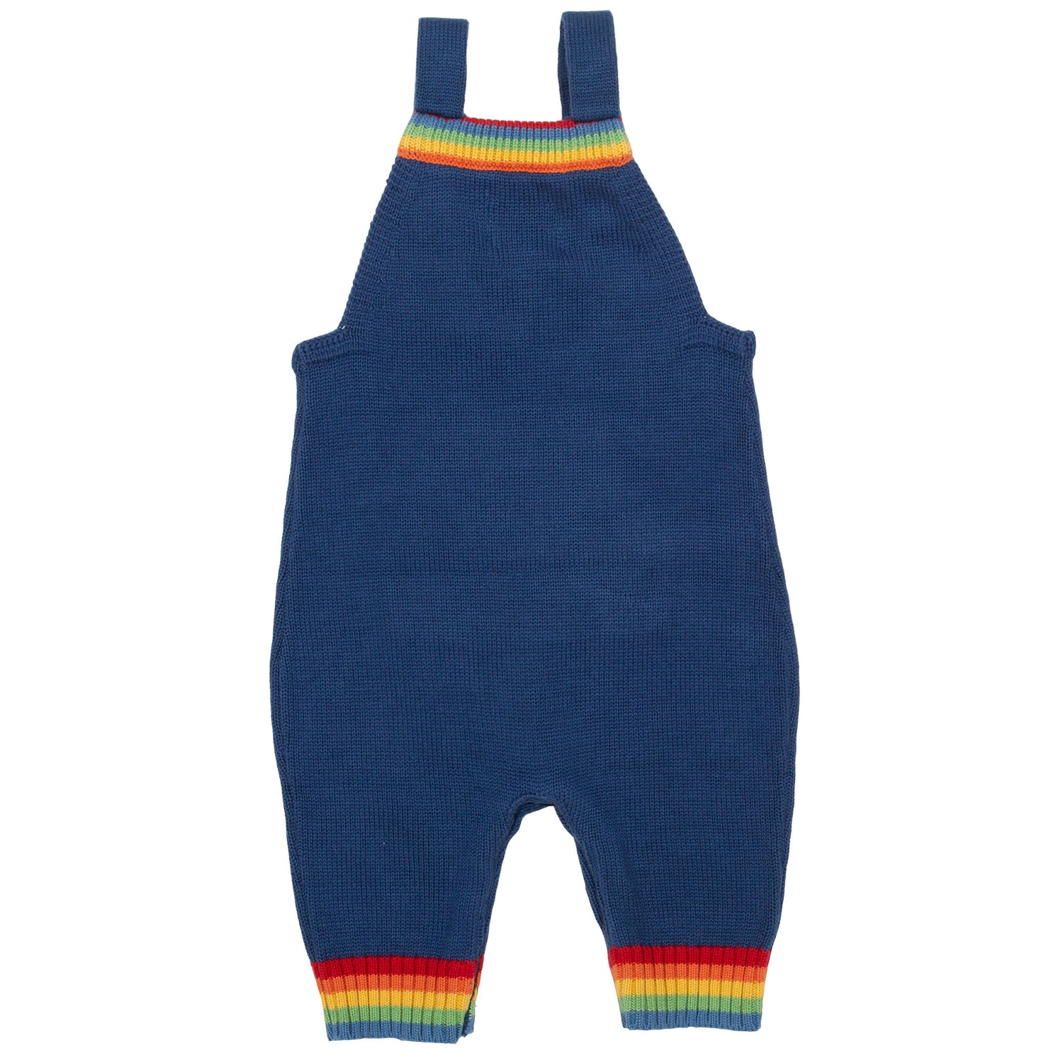 Back of blue knitted dungarees with rainbow pocket