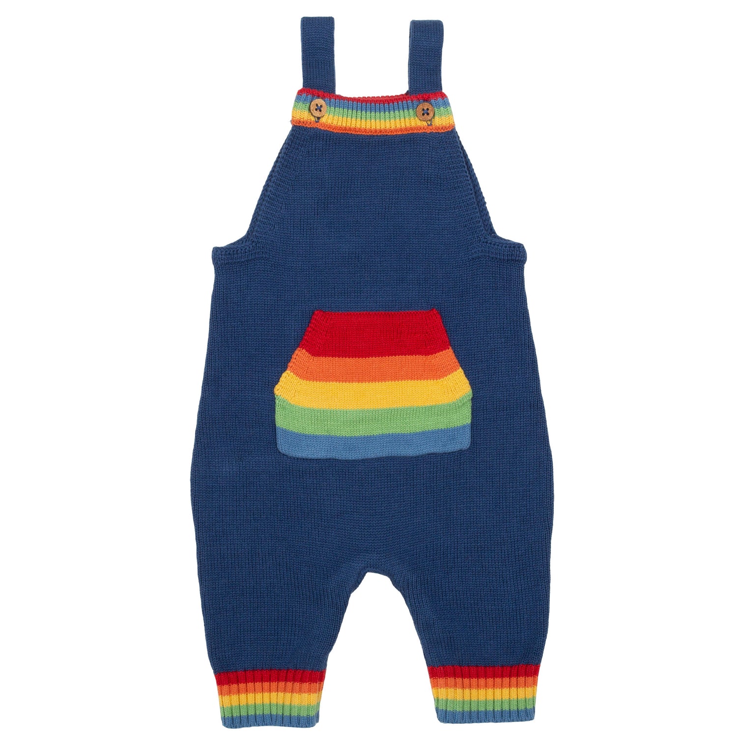 Blue knitted dungarees with rainbow pocket