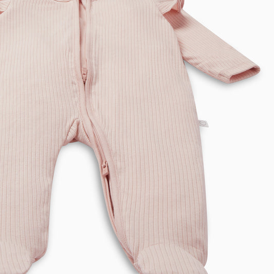 Ribbed clever zip sleepsuit - blush frill detail