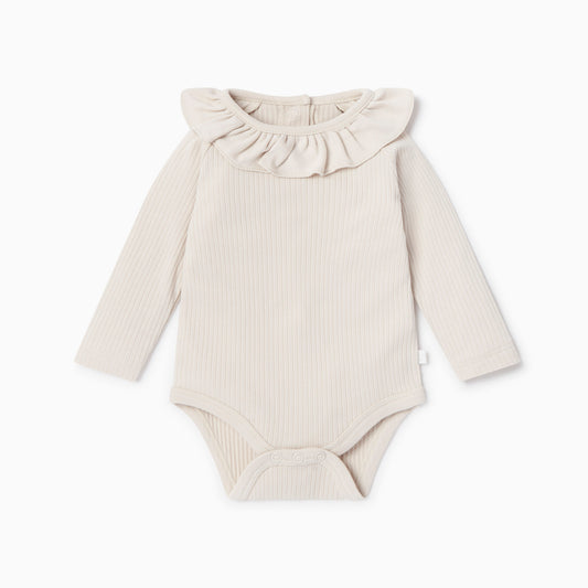 Ribbed long sleeve bodysuit with frill collar in ecru