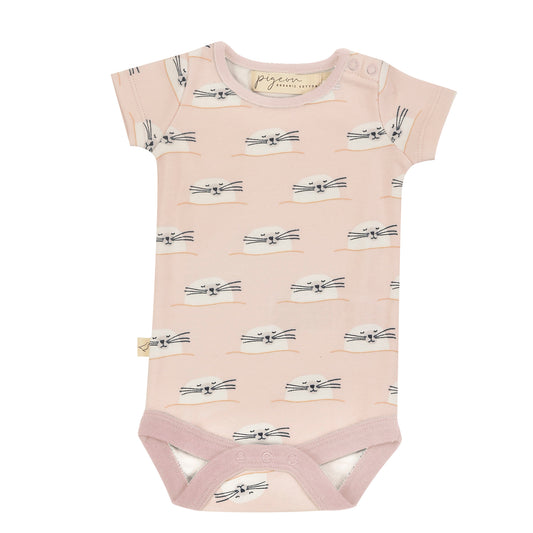 Pink short sleeved bodysuit with seal print