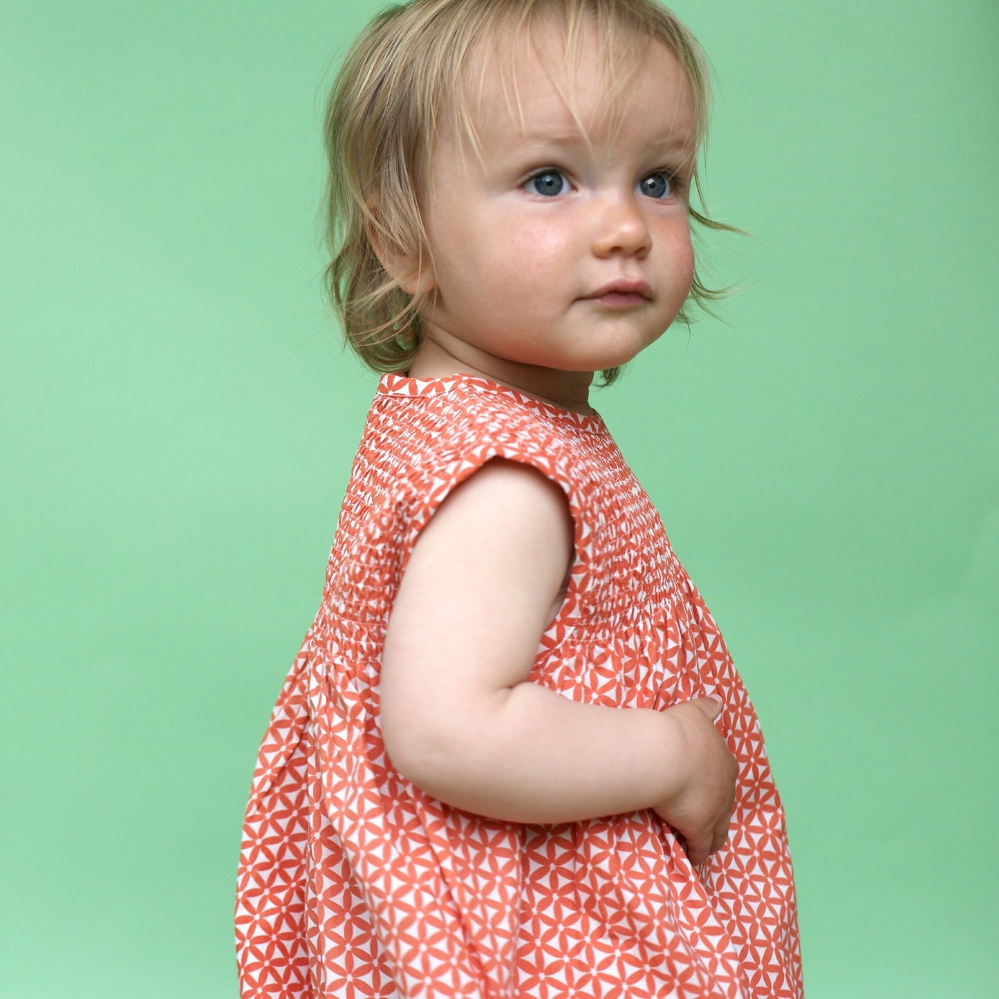 Sleeveless Smock Dress Block Print Orange baby
