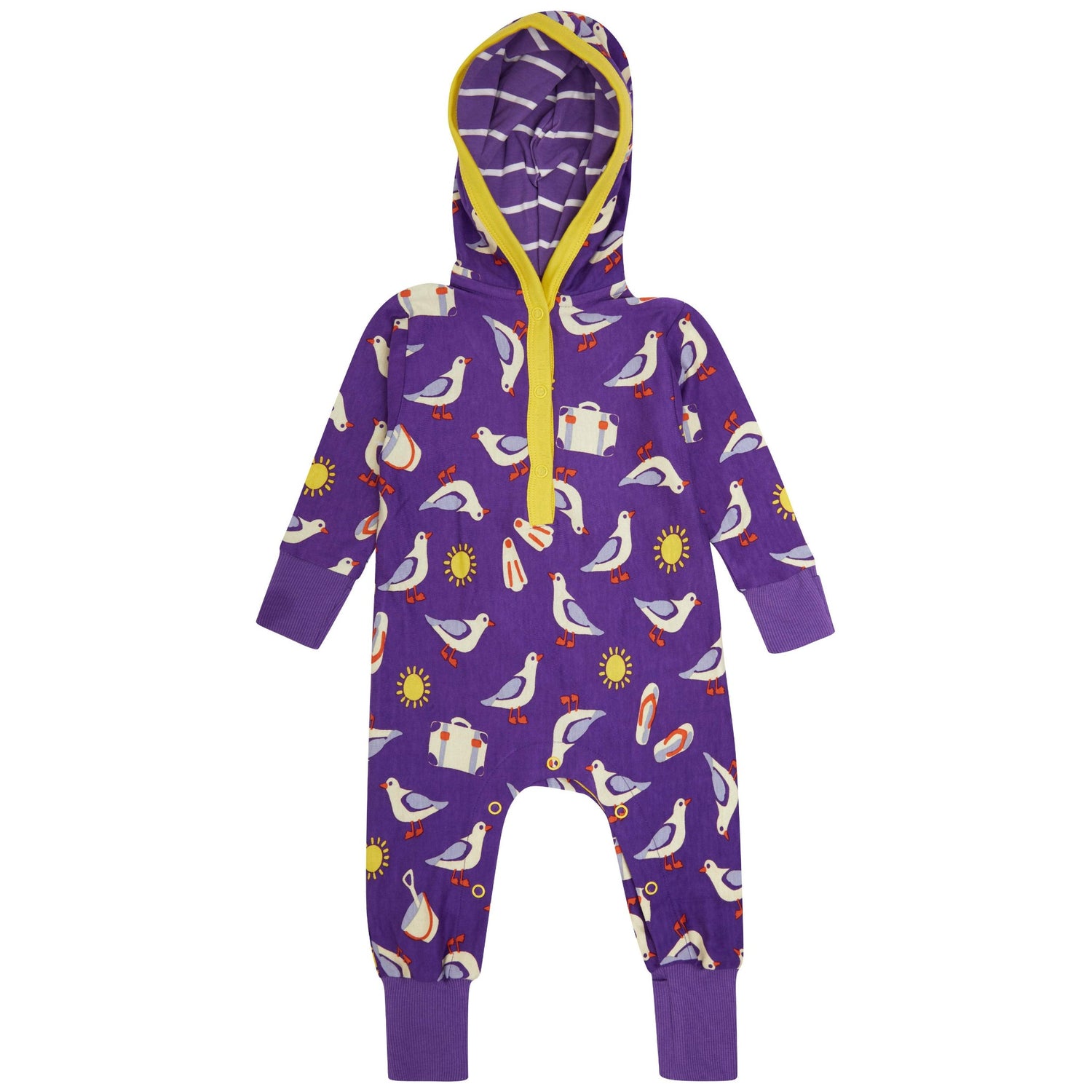 Hooded baby playsuit with seagull print