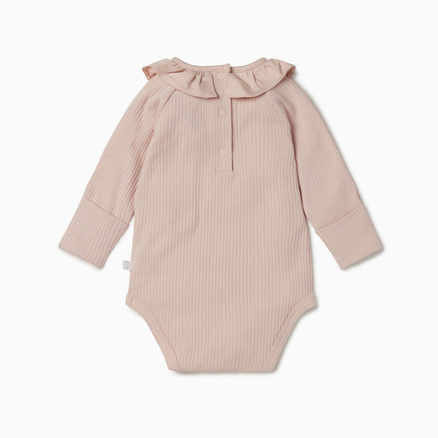 Back of ribbed long sleeve bodysuit with frill collar in blush