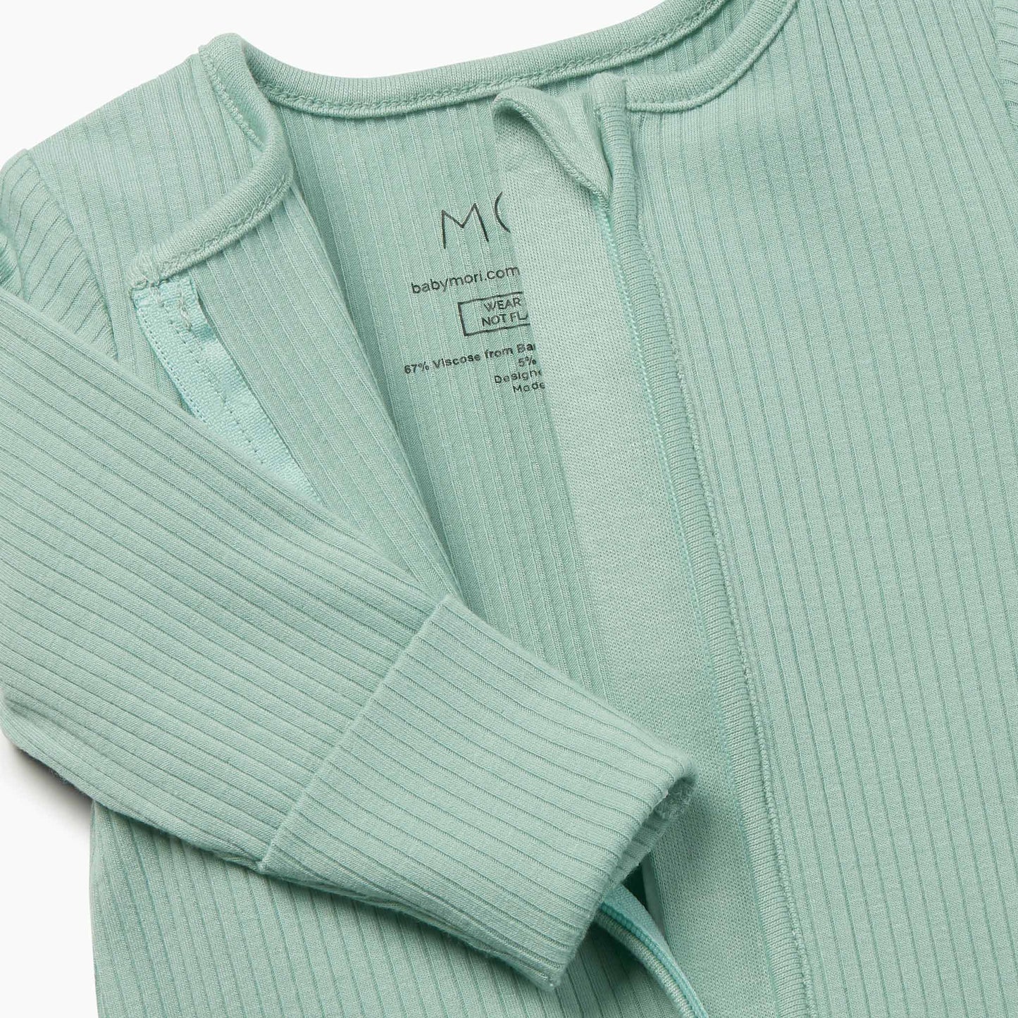 Mint ribbed zip up sleepsuit close up
