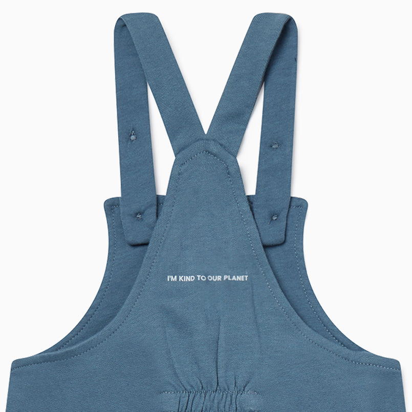 Back of teal dungarees with slogan